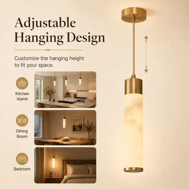 Alt view image 4 of 7 - Natural Alabaster Pendant Light, Slim Marble Pendant Light Fixture | with Brass Finish, 1-Light Hanging Ceiling Light for Kitchen Island, Dining Room, Bedroom, Living Room