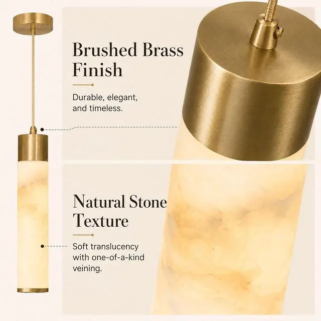Alt view image 5 of 7 - Natural Alabaster Pendant Light, Slim Marble Pendant Light Fixture | with Brass Finish, 1-Light Hanging Ceiling Light for Kitchen Island, Dining Room, Bedroom, Living Room