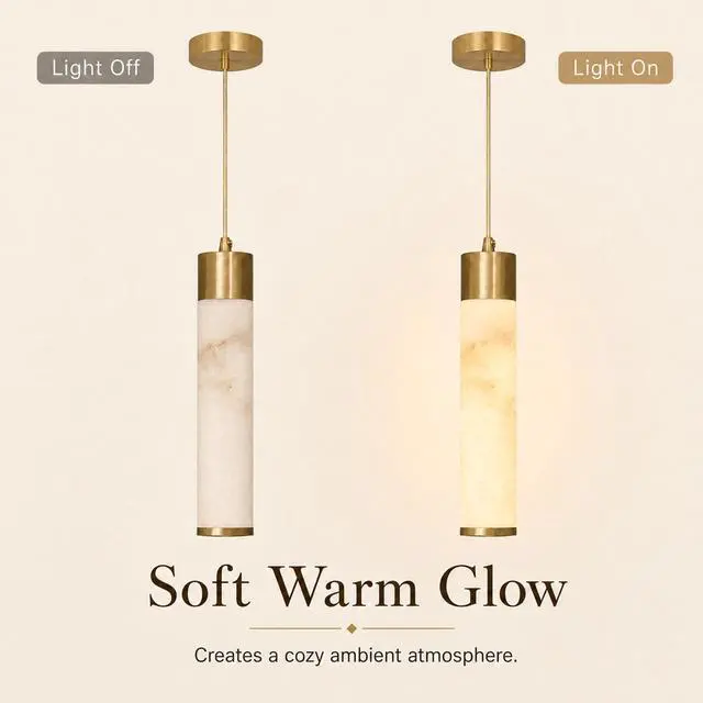 Alt view image 6 of 7 - Natural Alabaster Pendant Light, Slim Marble Pendant Light Fixture | with Brass Finish, 1-Light Hanging Ceiling Light for Kitchen Island, Dining Room, Bedroom, Living Room