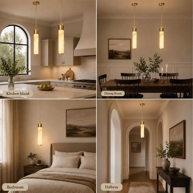 Alt view image 7 of 7 - Natural Alabaster Pendant Light, Slim Marble Pendant Light Fixture | with Brass Finish, 1-Light Hanging Ceiling Light for Kitchen Island, Dining Room, Bedroom, Living Room