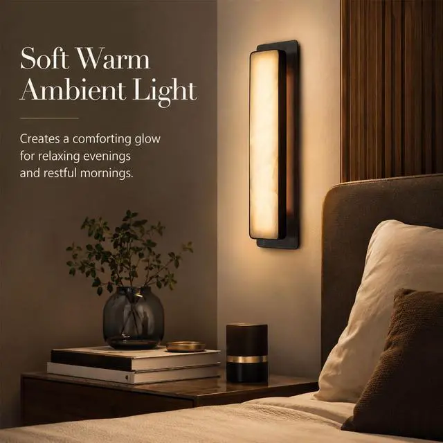 Alt view image 2 of 7 - 20 inch Natural Alabaster Wall Sconce, 3CCT LED Marble Wall Light with Black Stainless Steel Frame, Square Modern Bathroom Wall Light for Bedroom, Living Room, Hallway