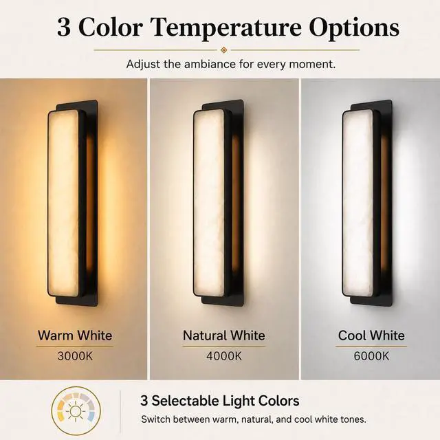 Alt view image 3 of 7 - 20 inch Natural Alabaster Wall Sconce, 3CCT LED Marble Wall Light with Black Stainless Steel Frame, Square Modern Bathroom Wall Light for Bedroom, Living Room, Hallway