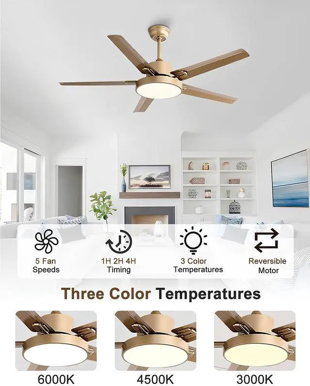 Alt view image 2 of 7 - 42 Inch Ceiling Fan with Light Stainless Steel Ceiling Fans with Remote Control 3 Color Dimmable 5 Speeds Reversible DC Motor Modern Ceiling Fan for Patio Living Room Bedroom Office(Gold)