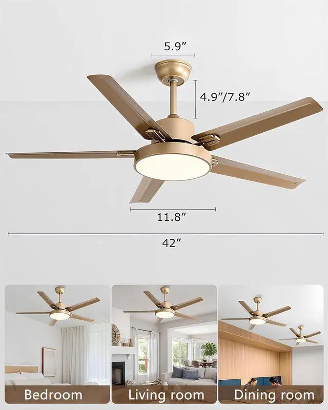 Alt view image 6 of 7 - 42 Inch Ceiling Fan with Light Stainless Steel Ceiling Fans with Remote Control 3 Color Dimmable 5 Speeds Reversible DC Motor Modern Ceiling Fan for Patio Living Room Bedroom Office(Gold)