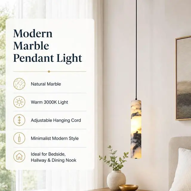 Alt view image 2 of 7 - Natural Stone Pendant Lights for Kitchen Island, LED 3000K Cylindrical Marble Pendant Light 11" Modern Hanging Lighting fixtures for Bedroom Bathroom Dining Room Living Room