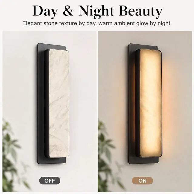 Alt view image 5 of 7 - 20 inch Natural Alabaster Wall Sconce, 3CCT LED Marble Wall Light with Black Stainless Steel Frame, Square Modern Bathroom Wall Light for Bedroom, Living Room, Hallway