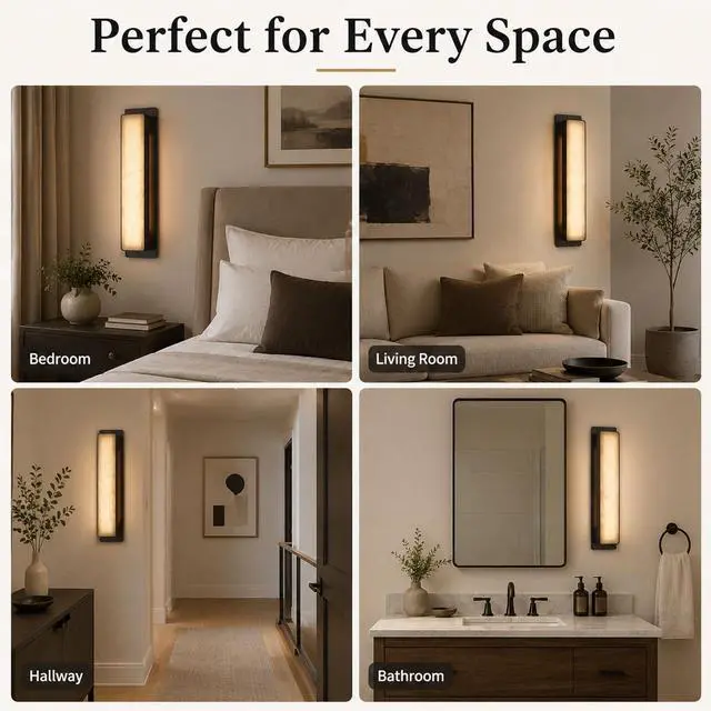 Alt view image 6 of 7 - 20 inch Natural Alabaster Wall Sconce, 3CCT LED Marble Wall Light with Black Stainless Steel Frame, Square Modern Bathroom Wall Light for Bedroom, Living Room, Hallway