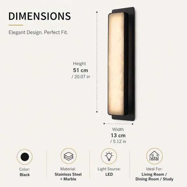 Alt view image 7 of 7 - 20 inch Natural Alabaster Wall Sconce, 3CCT LED Marble Wall Light with Black Stainless Steel Frame, Square Modern Bathroom Wall Light for Bedroom, Living Room, Hallway