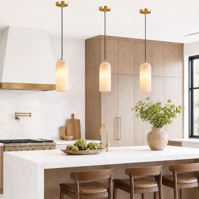 Alt view image 2 of 7 - Natural Alabaster Pendant Lights for Kitchen Island | Modern Marble Hanging Ceiling Light with Brass Canopy for Dining Room, Bedroom, Living Room, White