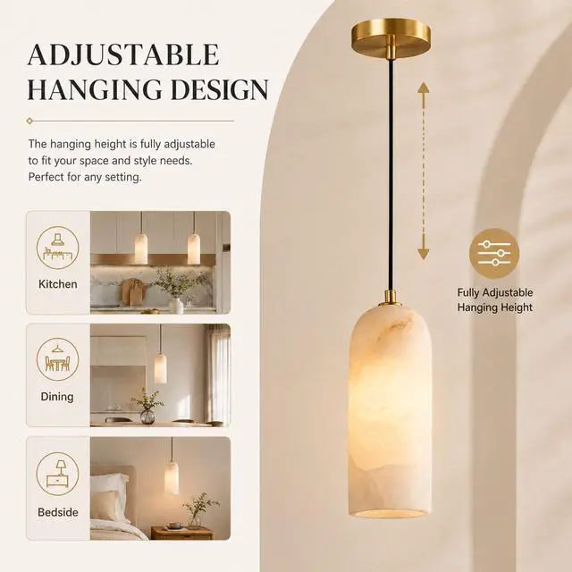 Alt view image 3 of 7 - Natural Alabaster Pendant Lights for Kitchen Island | Modern Marble Hanging Ceiling Light with Brass Canopy for Dining Room, Bedroom, Living Room, White