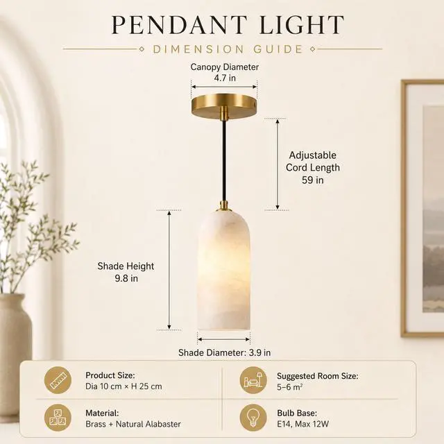Alt view image 4 of 7 - Natural Alabaster Pendant Lights for Kitchen Island | Modern Marble Hanging Ceiling Light with Brass Canopy for Dining Room, Bedroom, Living Room, White