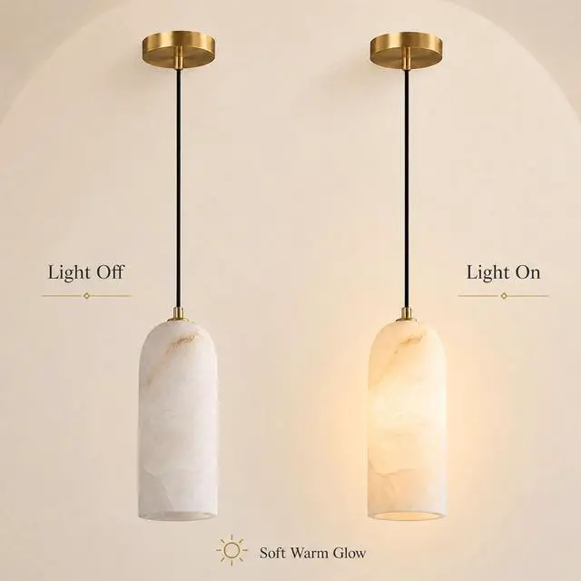 Alt view image 5 of 7 - Natural Alabaster Pendant Lights for Kitchen Island | Modern Marble Hanging Ceiling Light with Brass Canopy for Dining Room, Bedroom, Living Room, White