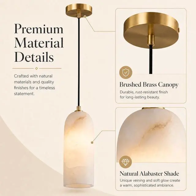 Alt view image 6 of 7 - Natural Alabaster Pendant Lights for Kitchen Island | Modern Marble Hanging Ceiling Light with Brass Canopy for Dining Room, Bedroom, Living Room, White