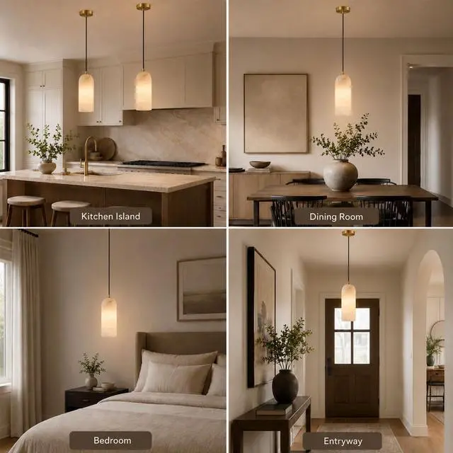 Alt view image 7 of 7 - Natural Alabaster Pendant Lights for Kitchen Island | Modern Marble Hanging Ceiling Light with Brass Canopy for Dining Room, Bedroom, Living Room, White