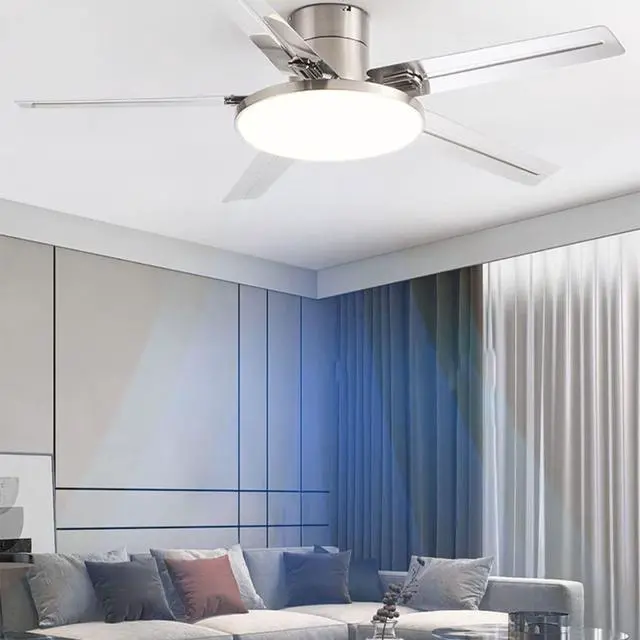 Alt view image 3 of 7 - Stainless Steel Outdoor Ceiling Fan with Lights 52 Inch Remote Low Profile Ceiling Fan Flush Mount Modern Smart Ceiling Fan with Light Mute Ceiling Fans with Lights for Bedroom
