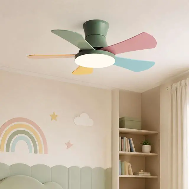 Alt view image 2 of 7 - Simple Wood Low Profile Ceiling Fan with Light 36 Inch Flush Mount Bedroom Ceiling Fan LED Ceiling Fans with Lights and Remote 5-Blade Color Fan Blade Kids Room Mute Ceiling Fan Light