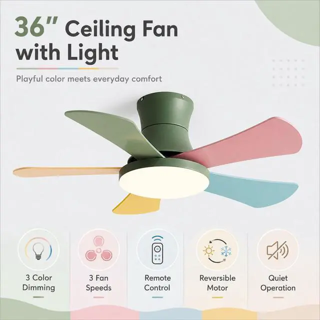 Alt view image 3 of 7 - Simple Wood Low Profile Ceiling Fan with Light 36 Inch Flush Mount Bedroom Ceiling Fan LED Ceiling Fans with Lights and Remote 5-Blade Color Fan Blade Kids Room Mute Ceiling Fan Light