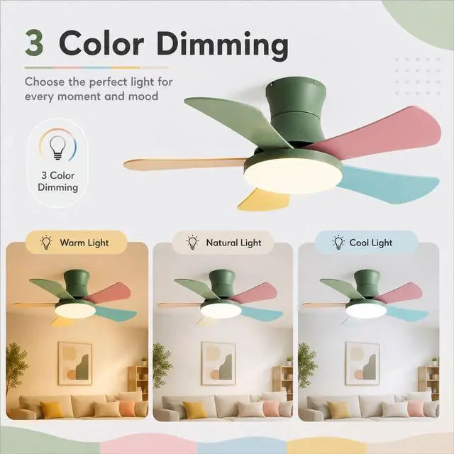 Alt view image 4 of 7 - Simple Wood Low Profile Ceiling Fan with Light 36 Inch Flush Mount Bedroom Ceiling Fan LED Ceiling Fans with Lights and Remote 5-Blade Color Fan Blade Kids Room Mute Ceiling Fan Light