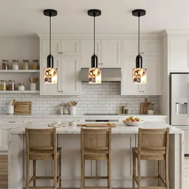Alt view image 7 of 7 - Modern Marble Pendant Lights, Black Kitchen Island Pendant Lamp, Natural Stone LED Hanging Light, for Bedroom Bathroom Dining Room Living Room Hallway