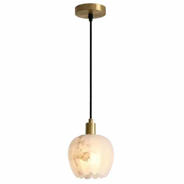Main image of Natural Alabaster Pendant Light, Small Marble Pendant Light Fixture with Adjustable 78.7" Cord, E14 Socket, Brass Hanging Ceiling Light for Bedroom, Dining Room, Kitchen Island, White