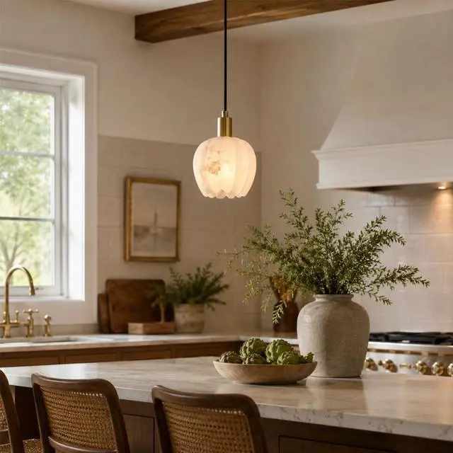 Alt view image 2 of 7 - Natural Alabaster Pendant Light, Small Marble Pendant Light Fixture with Adjustable 78.7" Cord, E14 Socket, Brass Hanging Ceiling Light for Bedroom, Dining Room, Kitchen Island, White