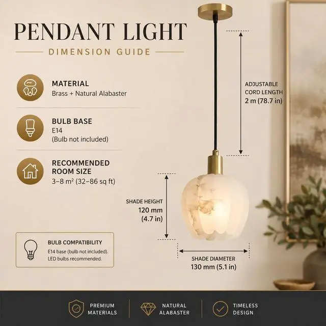 Alt view image 3 of 7 - Natural Alabaster Pendant Light, Small Marble Pendant Light Fixture with Adjustable 78.7" Cord, E14 Socket, Brass Hanging Ceiling Light for Bedroom, Dining Room, Kitchen Island, White