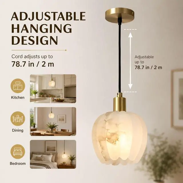 Alt view image 4 of 7 - Natural Alabaster Pendant Light, Small Marble Pendant Light Fixture with Adjustable 78.7" Cord, E14 Socket, Brass Hanging Ceiling Light for Bedroom, Dining Room, Kitchen Island, White