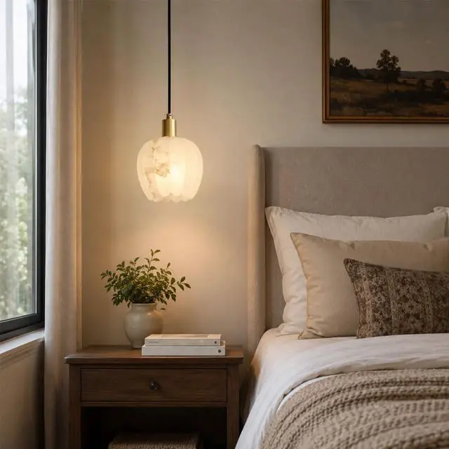 Alt view image 5 of 7 - Natural Alabaster Pendant Light, Small Marble Pendant Light Fixture with Adjustable 78.7" Cord, E14 Socket, Brass Hanging Ceiling Light for Bedroom, Dining Room, Kitchen Island, White