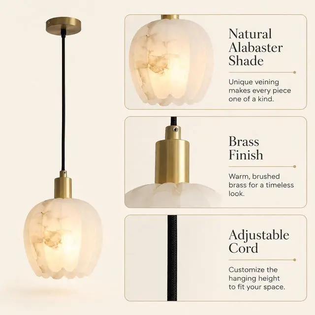 Alt view image 6 of 7 - Natural Alabaster Pendant Light, Small Marble Pendant Light Fixture with Adjustable 78.7" Cord, E14 Socket, Brass Hanging Ceiling Light for Bedroom, Dining Room, Kitchen Island, White