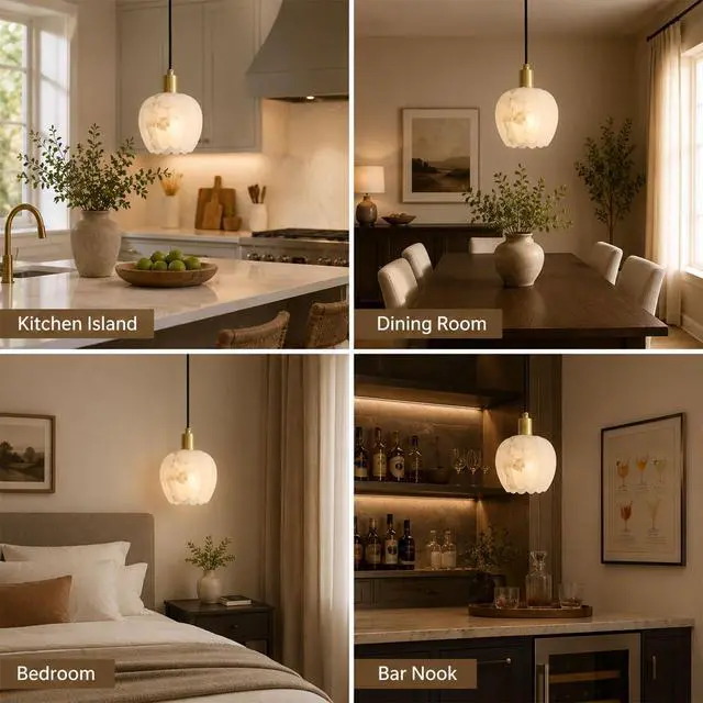 Alt view image 7 of 7 - Natural Alabaster Pendant Light, Small Marble Pendant Light Fixture with Adjustable 78.7" Cord, E14 Socket, Brass Hanging Ceiling Light for Bedroom, Dining Room, Kitchen Island, White