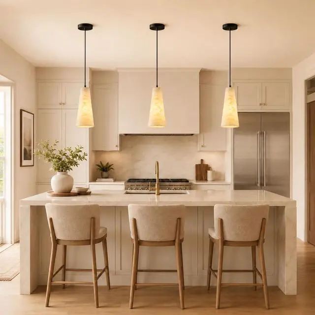 Alt view image 3 of 7 - 10 inch Natural Alabaster Conical Pendant Light for Kitchen Island | White Marble Look Alabaster Pendant, Modern Cone Shade, Hanging Lighting Fixtures for Dining Room, Living Room and Bedroom