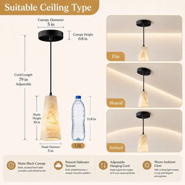 Alt view image 2 of 7 - 10 inch Natural Alabaster Conical Pendant Light for Kitchen Island | White Marble Look Alabaster Pendant, Modern Cone Shade, Hanging Lighting Fixtures for Dining Room, Living Room and Bedroom