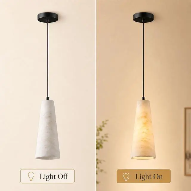 Alt view image 4 of 7 - 10 inch Natural Alabaster Conical Pendant Light for Kitchen Island | White Marble Look Alabaster Pendant, Modern Cone Shade, Hanging Lighting Fixtures for Dining Room, Living Room and Bedroom