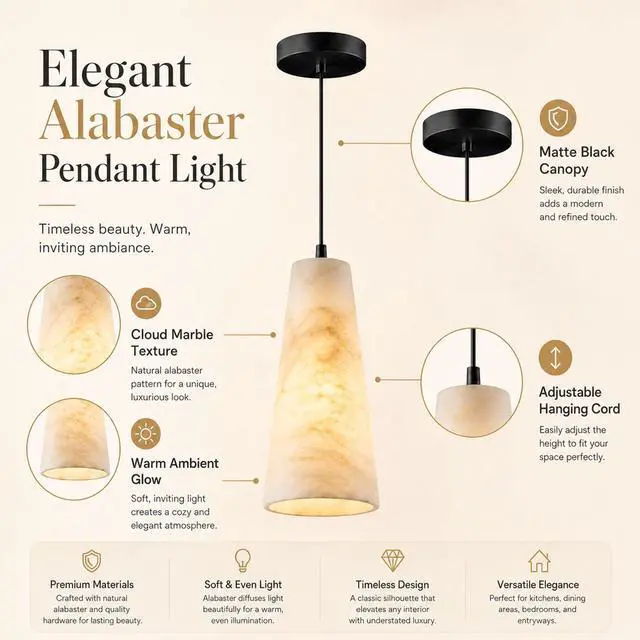 Alt view image 5 of 7 - 10 inch Natural Alabaster Conical Pendant Light for Kitchen Island | White Marble Look Alabaster Pendant, Modern Cone Shade, Hanging Lighting Fixtures for Dining Room, Living Room and Bedroom