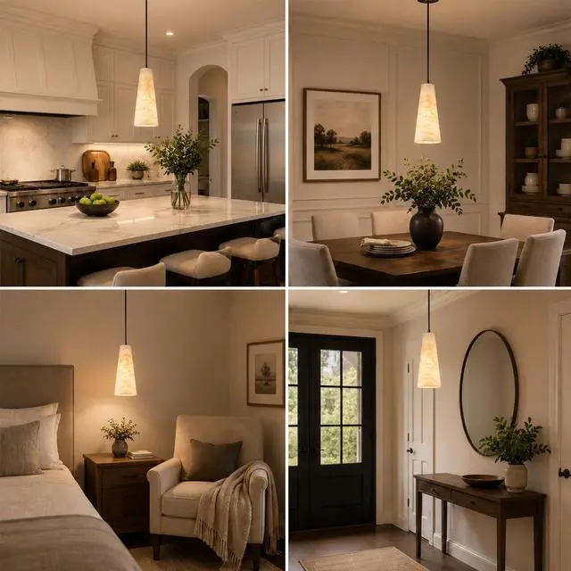 Alt view image 6 of 7 - 10 inch Natural Alabaster Conical Pendant Light for Kitchen Island | White Marble Look Alabaster Pendant, Modern Cone Shade, Hanging Lighting Fixtures for Dining Room, Living Room and Bedroom