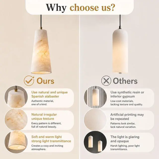 Alt view image 7 of 7 - 10 inch Natural Alabaster Conical Pendant Light for Kitchen Island | White Marble Look Alabaster Pendant, Modern Cone Shade, Hanging Lighting Fixtures for Dining Room, Living Room and Bedroom