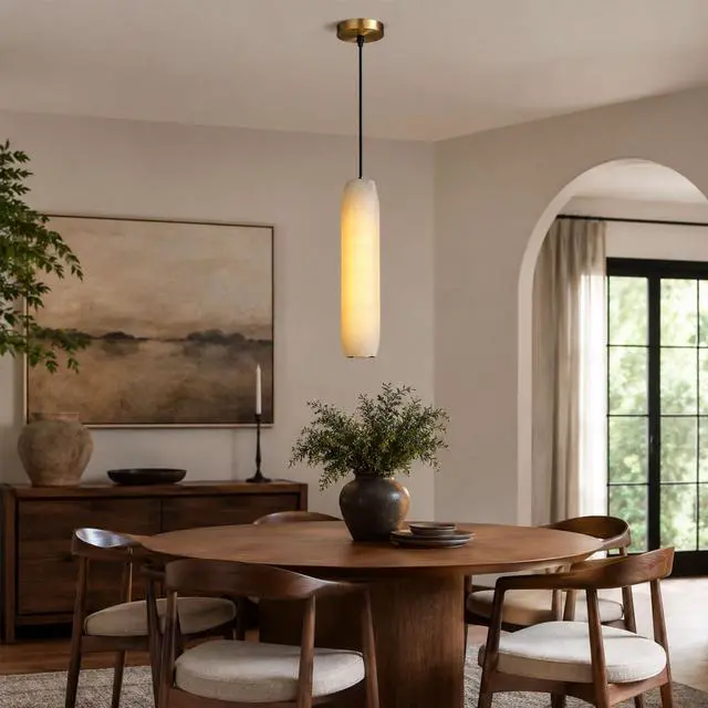 Alt view image 2 of 7 - Alabaster Pendant Lights for Kitchen Island, White Marble Long Tube Adjustable Height Chandelier 15" Gold Brass Ceiling Light Fixtures for Bedroom Dining Room Living Room Hallway