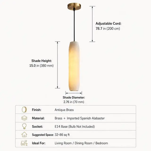Alt view image 3 of 7 - Alabaster Pendant Lights for Kitchen Island, White Marble Long Tube Adjustable Height Chandelier 15" Gold Brass Ceiling Light Fixtures for Bedroom Dining Room Living Room Hallway