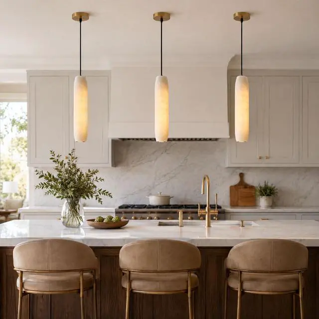 Alt view image 4 of 7 - Alabaster Pendant Lights for Kitchen Island, White Marble Long Tube Adjustable Height Chandelier 15" Gold Brass Ceiling Light Fixtures for Bedroom Dining Room Living Room Hallway