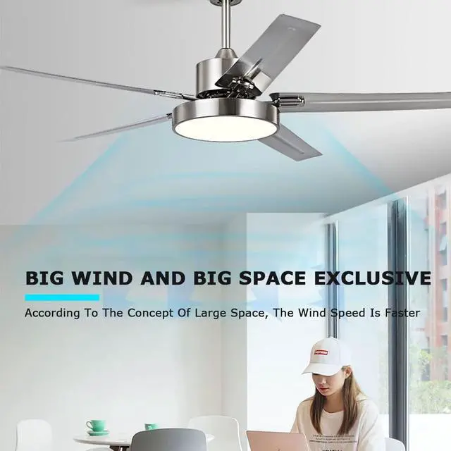 Alt view image 4 of 7 - Simple Ceiling Fan with Lights Big Wind Stainless Steel Ceiling Fan Light 42 Inch with Remote Smart Ceiling Fan Dimmable LED Ceiling Fans with Lights for Bedroom