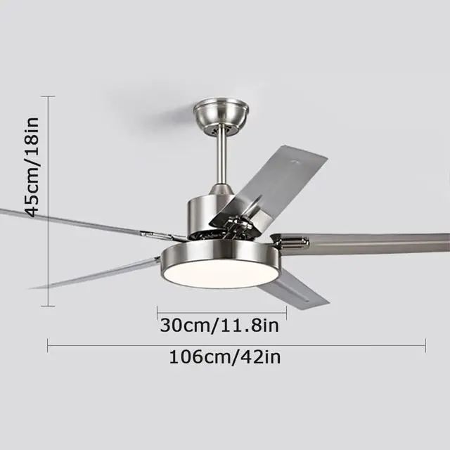 Alt view image 7 of 7 - Simple Ceiling Fan with Lights Big Wind Stainless Steel Ceiling Fan Light 42 Inch with Remote Smart Ceiling Fan Dimmable LED Ceiling Fans with Lights for Bedroom