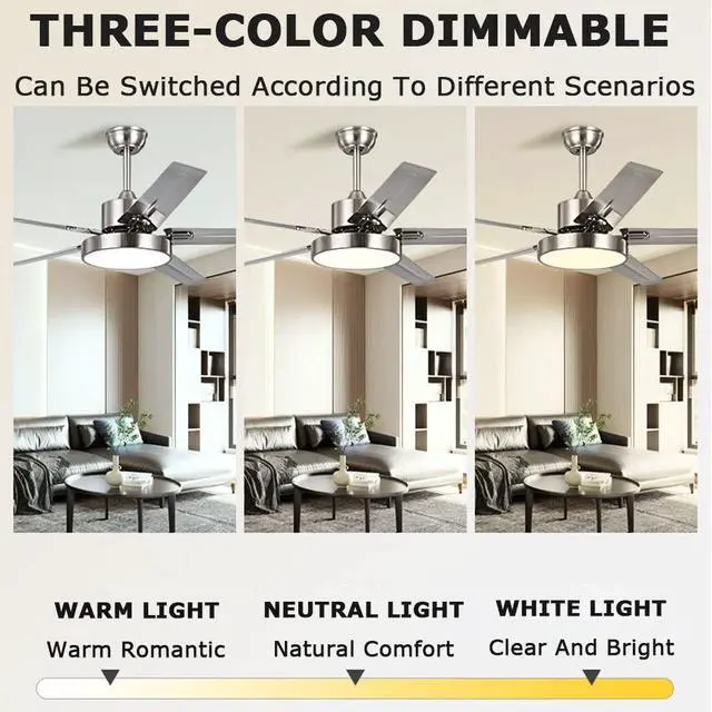 Alt view image 6 of 7 - Simple Ceiling Fan with Lights Big Wind Stainless Steel Ceiling Fan Light 42 Inch with Remote Smart Ceiling Fan Dimmable LED Ceiling Fans with Lights for Bedroom
