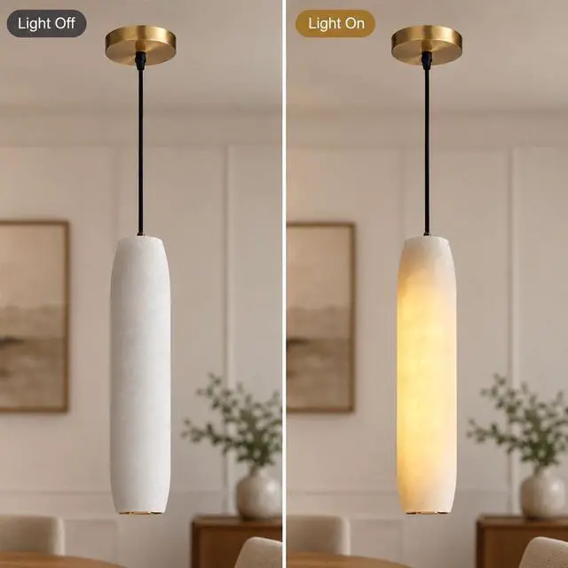 Alt view image 7 of 7 - Alabaster Pendant Lights for Kitchen Island, White Marble Long Tube Adjustable Height Chandelier 15" Gold Brass Ceiling Light Fixtures for Bedroom Dining Room Living Room Hallway
