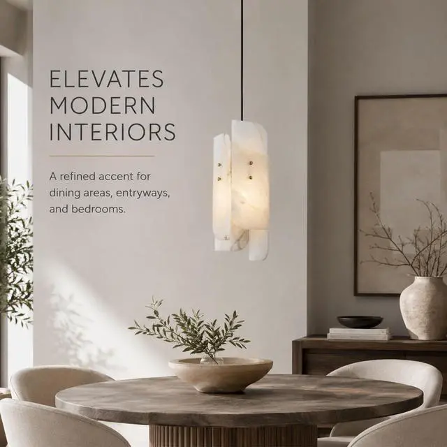 Alt view image 2 of 7 - Natural Alabaster Pendant Lights, 15.7" Modern Marble Pendant Light with 4-Piece Natural Stone Slab Lampshade & Brass Frame for Bedroom Living Room Hallway Kitchen Island