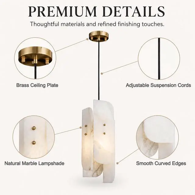 Alt view image 5 of 7 - Natural Alabaster Pendant Lights, 15.7" Modern Marble Pendant Light with 4-Piece Natural Stone Slab Lampshade & Brass Frame for Bedroom Living Room Hallway Kitchen Island