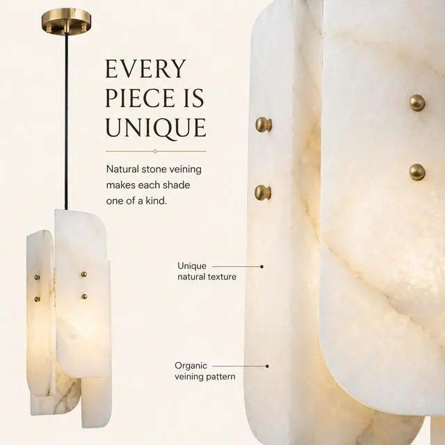 Alt view image 4 of 7 - Natural Alabaster Pendant Lights, 15.7" Modern Marble Pendant Light with 4-Piece Natural Stone Slab Lampshade & Brass Frame for Bedroom Living Room Hallway Kitchen Island