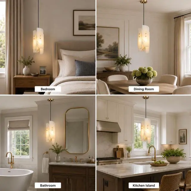 Alt view image 6 of 7 - Natural Alabaster Pendant Lights, 15.7" Modern Marble Pendant Light with 4-Piece Natural Stone Slab Lampshade & Brass Frame for Bedroom Living Room Hallway Kitchen Island