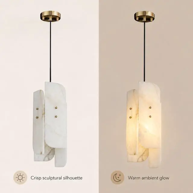 Alt view image 7 of 7 - Natural Alabaster Pendant Lights, 15.7" Modern Marble Pendant Light with 4-Piece Natural Stone Slab Lampshade & Brass Frame for Bedroom Living Room Hallway Kitchen Island