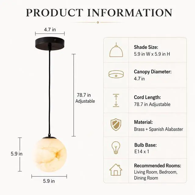 Alt view image 3 of 7 - Alabaster Pendant Lights, Natural Marble Modern Pendant Light Fixture 5.9" White Globe Chandelier Adjustable Height Ceiling Hanging Light for Kitchen Island Bedroom Living Room Hallway