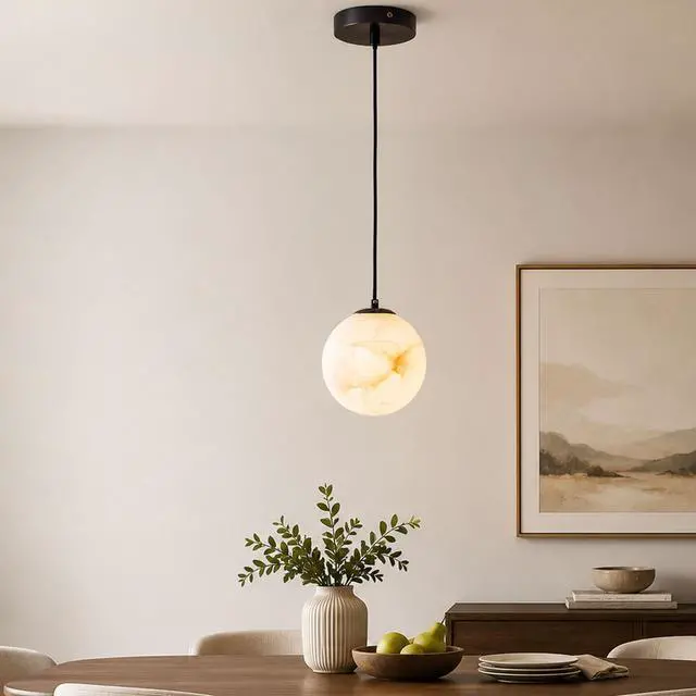Alt view image 4 of 7 - Alabaster Pendant Lights, Natural Marble Modern Pendant Light Fixture 5.9" White Globe Chandelier Adjustable Height Ceiling Hanging Light for Kitchen Island Bedroom Living Room Hallway